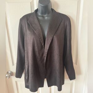 EILEEN FISHER Silk Blend Brown Metallic  Open Front Crepe Blazer Jacket Sz L